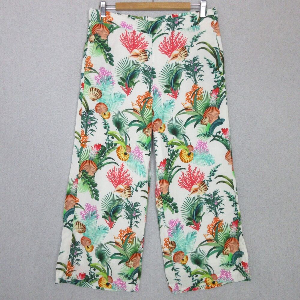 Boston Proper Pants Women's Medium Floral Print Pull On Resort Travel Palazzo